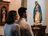 Couple praying before the Statue of Mother Mary