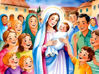 Mother Mary and baby Jesus surrounded by parents and children